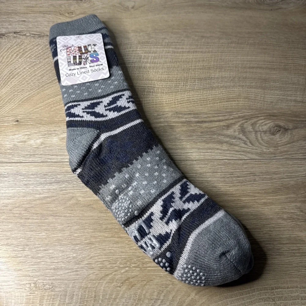 MUK LUKS Cozy Lined Socks‎ Gray Fair Isle One Size Fits Most Lounge Comfy